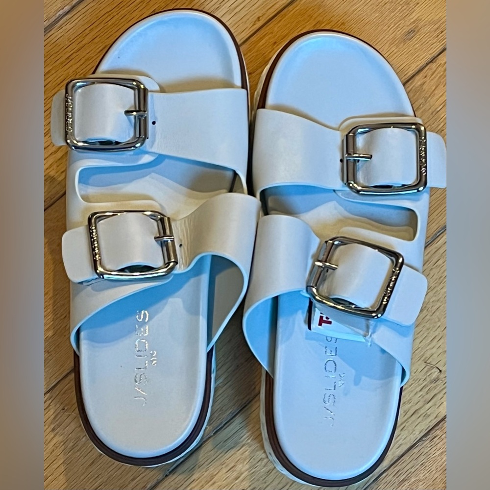 J/SLIDES NYC Bonnie Double Buckle Platform Slide Sandals - Bone Leather Size 7 - Picture 9 of 9